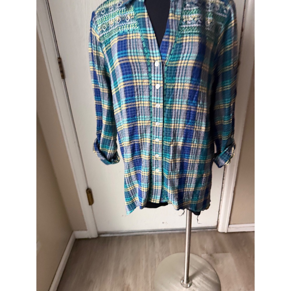 Ruby Rd Womens Teal Plaid Embroidered Button Front Roll Tab Tunic Top Size M NWT